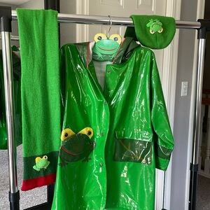 Adorable frog kids, raincoat, scarf, hat, and mittens